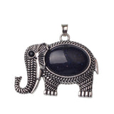 Retro Hollow Pattern Elephant Natural Stone Pendant, Vintage Alloy Lucky Elephant Charm, Healing Crystal Reiki Meditation Amulet for Handmade Necklace