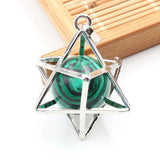 Merkaba Star Cage Natural Sphere Crystal Pendant Necklace, Silver‑Tone Metal Hollow Star Frame with Round Gemstone Bead Reiki Chakra Healing Necklace for Women
