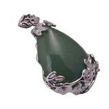 Teardrop Natural Gemstone Pendant, Silver Floral Leaf Wrapped Stone Charm, 45x27mm Pear Shape Crystal Pendant, Boho Reiki Healing Necklace Jewelry