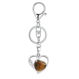 Natural Crystal Hollow Heart Keychain, Healing Stone Pendant with Silver Key Ring