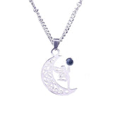Vintage Stainless Steel Fairy on Moon Pendant Necklace - Natural Amethyst Stone Celestial Jewelry - Whimsical Angel Necklace for Women