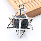 Merkaba Star Cage Natural Sphere Crystal Pendant Necklace, Silver‑Tone Metal Hollow Star Frame with Round Gemstone Bead Reiki Chakra Healing Necklace for Women