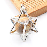 Merkaba Star Cage Natural Sphere Crystal Pendant Necklace, Silver‑Tone Metal Hollow Star Frame with Round Gemstone Bead Reiki Chakra Healing Necklace for Women