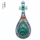 Ethnic Enamel Vase‑Shape Natural Gemstone Pendant, Retro Hollow Alloy Teardrop Cabochon Crystal Pendant, Colorful Enamel Chakra Reiki Healing DIY Necklace Jewelry Charm