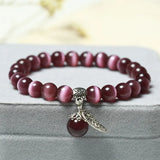 8MM Mystical Cat's Eye Stone Beaded Bracelets with Silver Leaf Accent Healing Elegant Inspired Jewelry