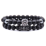 Luxury Matte Black Agate Stone Bead Bracelet Set - 8mm Couples Distance Friendship Bracelets with Silver Lion Head & Crown Charms