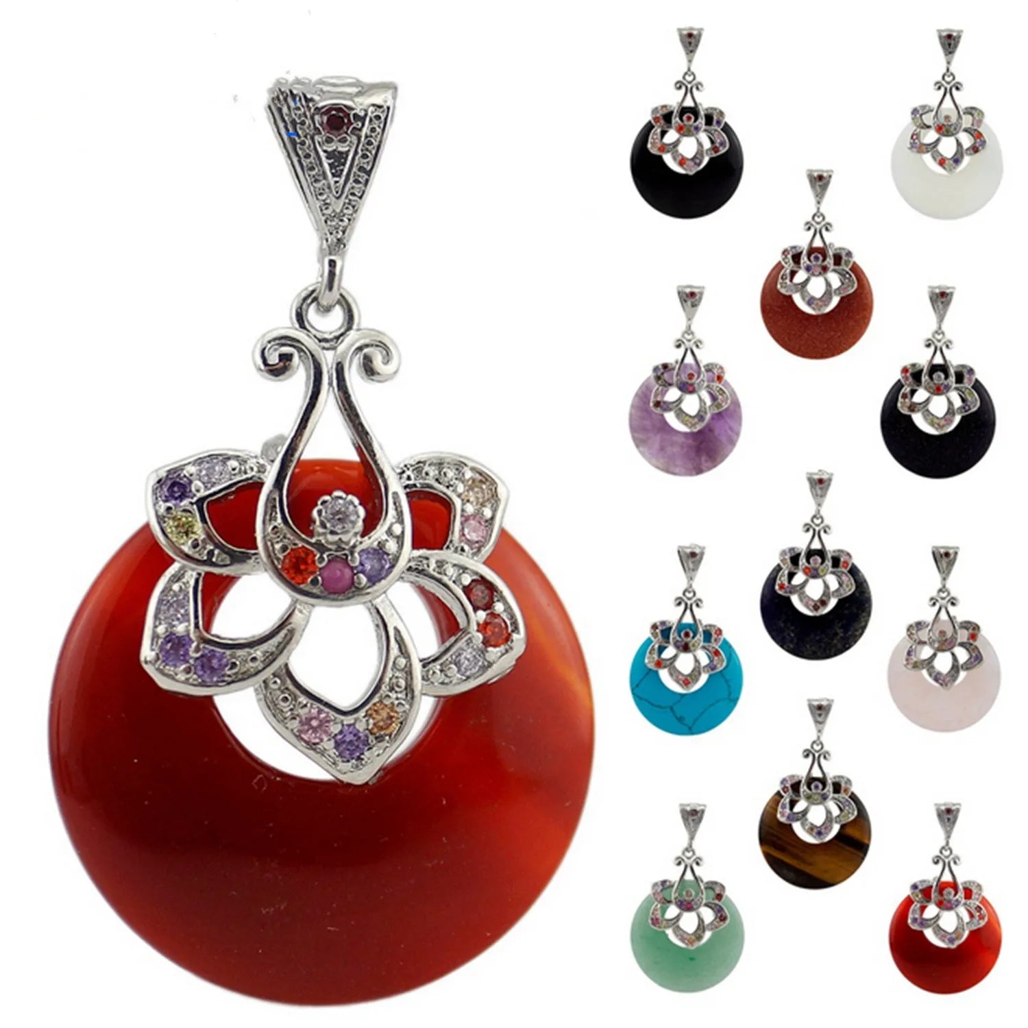 Multicolor Zircon Flower Silver Wrapped Donut Natural Agate Pendant, Round Peace Circle Chakra Healing Crystal Charm for DIY Necklace Making