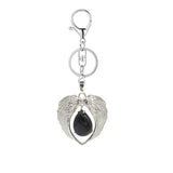 Silver Angel Wings Heart Keyring - Natural Stone Teardrop Crystal Keychain for Purse, Backpack, Handbag, Car Keys