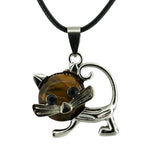 Natural Crystal Cat Pendant Necklace, Silver Alloy Frame Gemstone Charm, Healing Jewelry for Cat Lovers