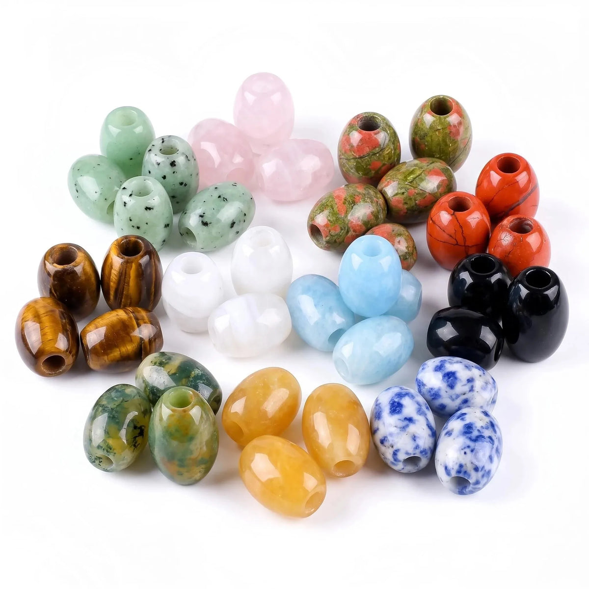 16Pcs Natural Crystal Barrel Beads Large Hole, Mixed Stone Drum Beads for DIY Jewelry Craft Making