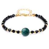 4mm Faceted Black Crystal Beaded Bracelet with 10mm Natural Stone Center Bead Gold Plated Adjustable Extension Chain Chakra Healing Bracelet for Women