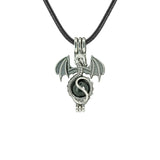 Gothic Stainless Steel Pterosaur Dragon Crystal Holder Necklace • Antique Silver Gemstone Ball Urn Pendant • Unisex Retro Punk Jewelry