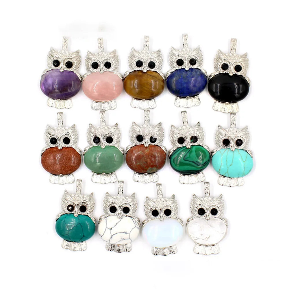 Owl Shape Natural Gemstone Pendant, Silver‑Plated Animal Crystal Charm, Wisdom Owl Healing Stone Necklace Pendant for DIY Jewelry Making
