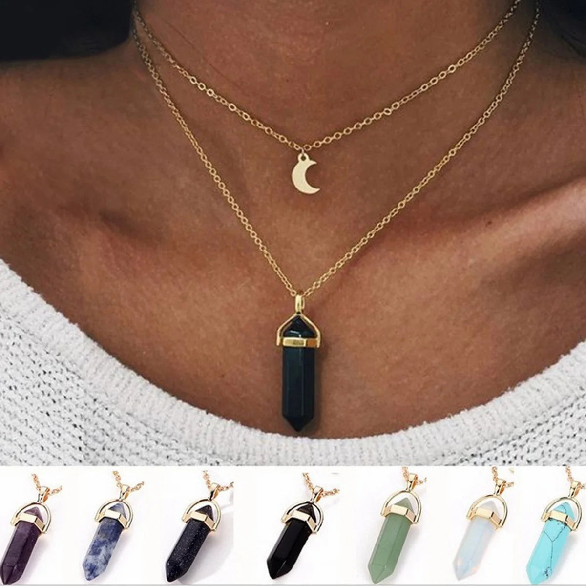 Layered Moon Choker Hexagonal Crystal Point Pendant Necklace, Natural Healing Gemstone Gold Plated Chain for Women