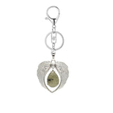 Silver Angel Wings Heart Keyring - Natural Stone Teardrop Crystal Keychain for Purse, Backpack, Handbag, Car Keys