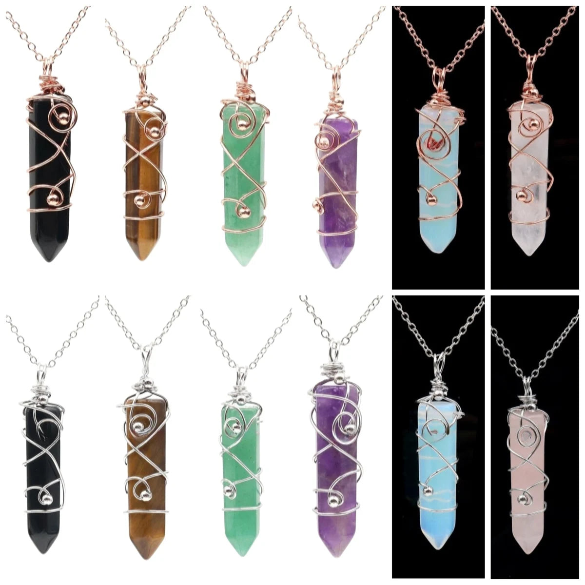 Vintage Wire Wrapped Crystal Wand Necklace • Hexagonal Bullet Stone Charm with Metallic Beads • Boho Wiccan Healing Quartz Jewelry Gift