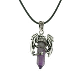 Gothic Winged Dragon Hexagonal Crystal Point Necklace, Vintage Silver Pterosaur Column Pendant, Punk Minimalist Protection Amulet with Black Rope Cord for Men & Women