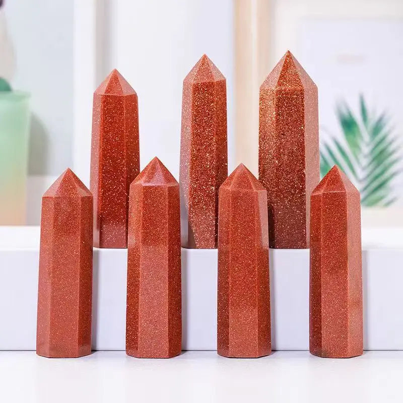 Vintage Multi-Sized Syn.Goldstone Hexagonal Pillar Decoration Office Ornament Tower Agate Stone Crafts DIY Accessory Gift