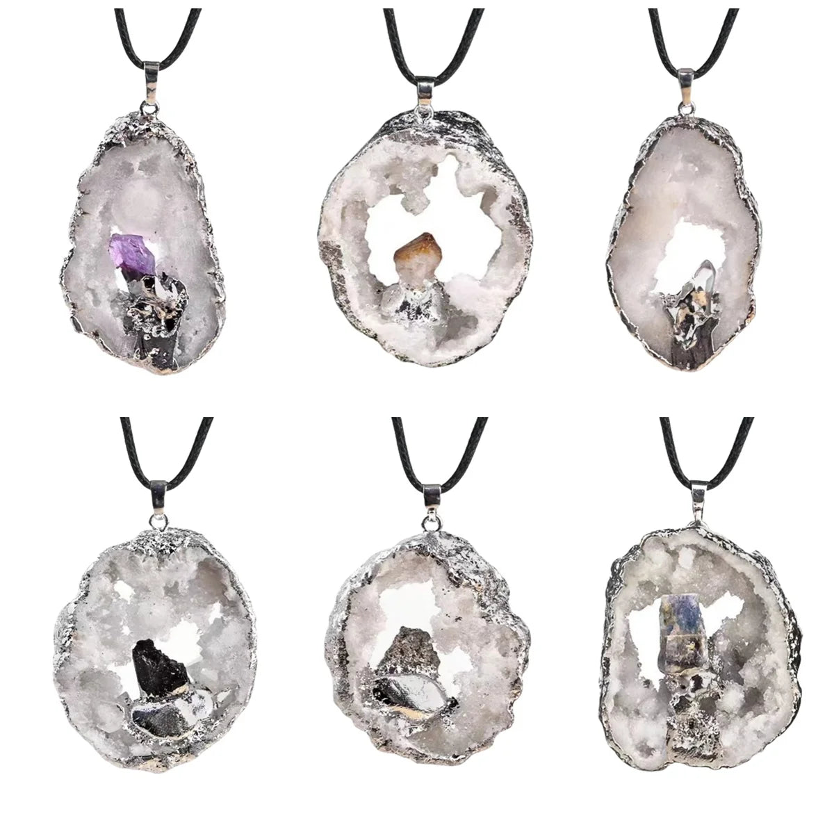 Drusy Agate Crystal Pendant Necklace Jewelry Raw Crystal Cluster Silver Wrapped 45cm Black Cord