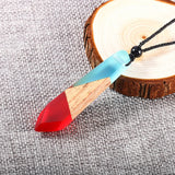 Creative Tie Shape Natural Wood Pendant Necklace, Three‑Color Red Blue Wood Splicing Pendant with Adjustable Black Cord, Handmade Boho Unisex Jewelry