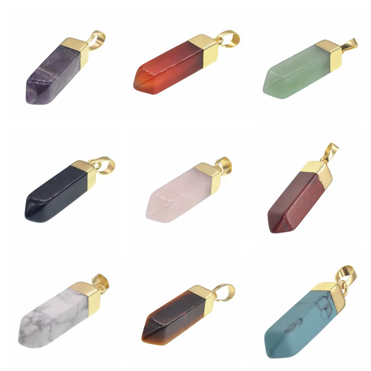 Multi‑Style Natural Stone Point Pendant, Gold Plated Cap Crystal Obelisk Charm, Boho Spiritual Necklace Pendant for Women