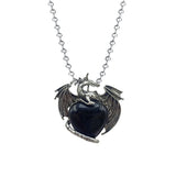 Vintage Medieval Dragon Heart Necklace | Natural Crystal Lapis Rose Quartz Turquoise Charm with Iron Bead Chain | Whimsical Halloween Protection Gift