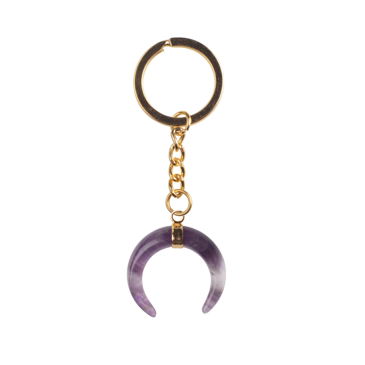 Natural Stone Crescent Moon Keychain, Gold Plated Double Horn Gemstone Key Ring Charm, Boho Witchy Spiritual Bag Pendant for Women