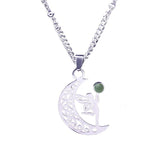 Vintage Stainless Steel Fairy on Moon Pendant Necklace - Natural Amethyst Stone Celestial Jewelry - Whimsical Angel Necklace for Women