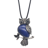 Vintage Antique Silver Owl Pendant, Natural Mixed Gemstone Owl on Branch Charm, Retro Metal Owl Inlaid Crystal Stone Pendant, Reiki Healing Animal Necklace Jewelry for Women