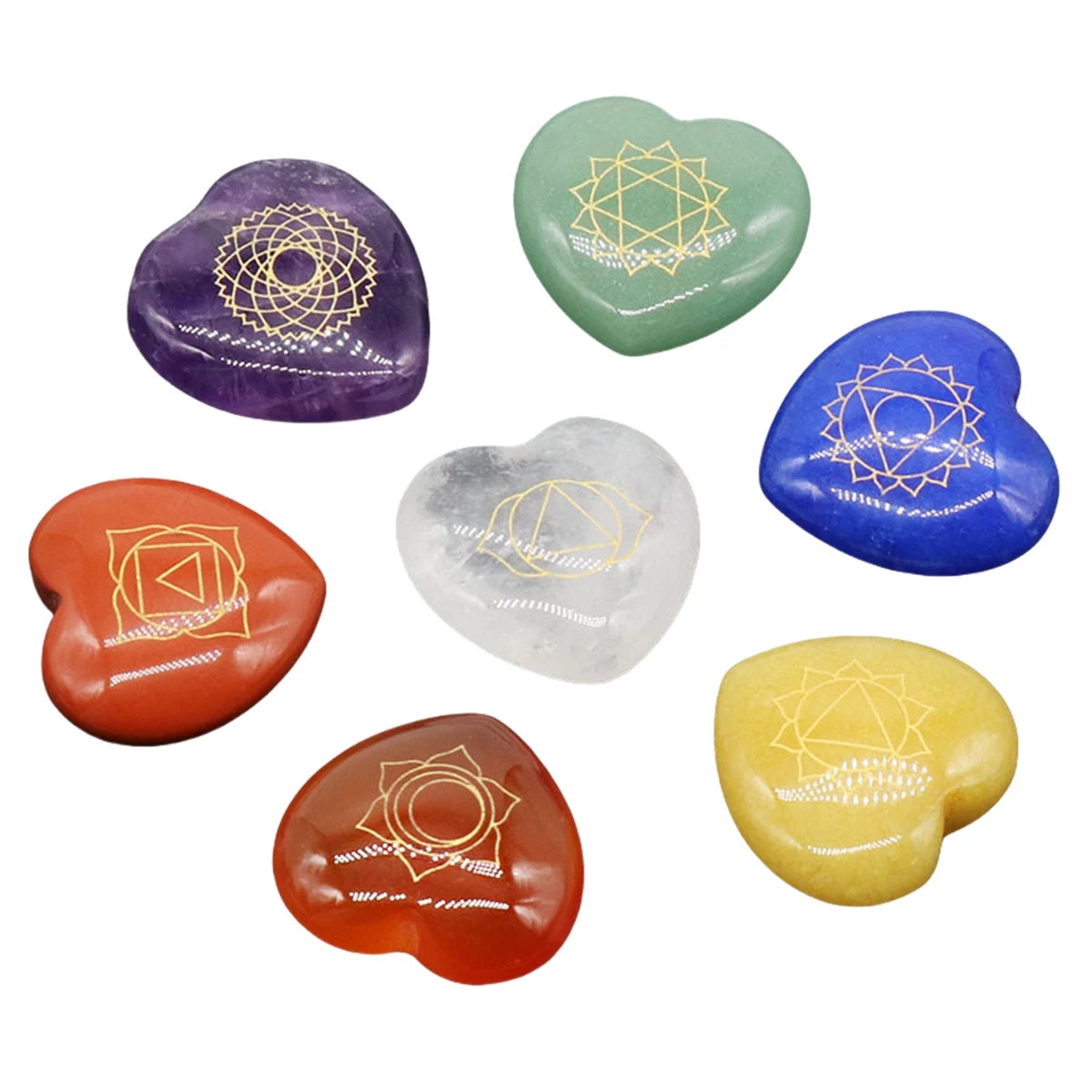7 Chakra Heart-Shaped Healing Crystals Set Engraved Symbol for Reiki, Meditation & Spiritual Balance #SP1876