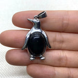24x35mm Natural Crystal Penguin Pendant Necklace, Silver Alloy Frame Gemstone Charm