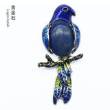 Enamel Bird Parrot Natural Gemstone Pendant, Colorful Enamel Alloy Bird On Branch Inlaid Oval Cabochon Crystal Pendant, Chakra Reiki Healing DIY Necklace Jewelry Charm