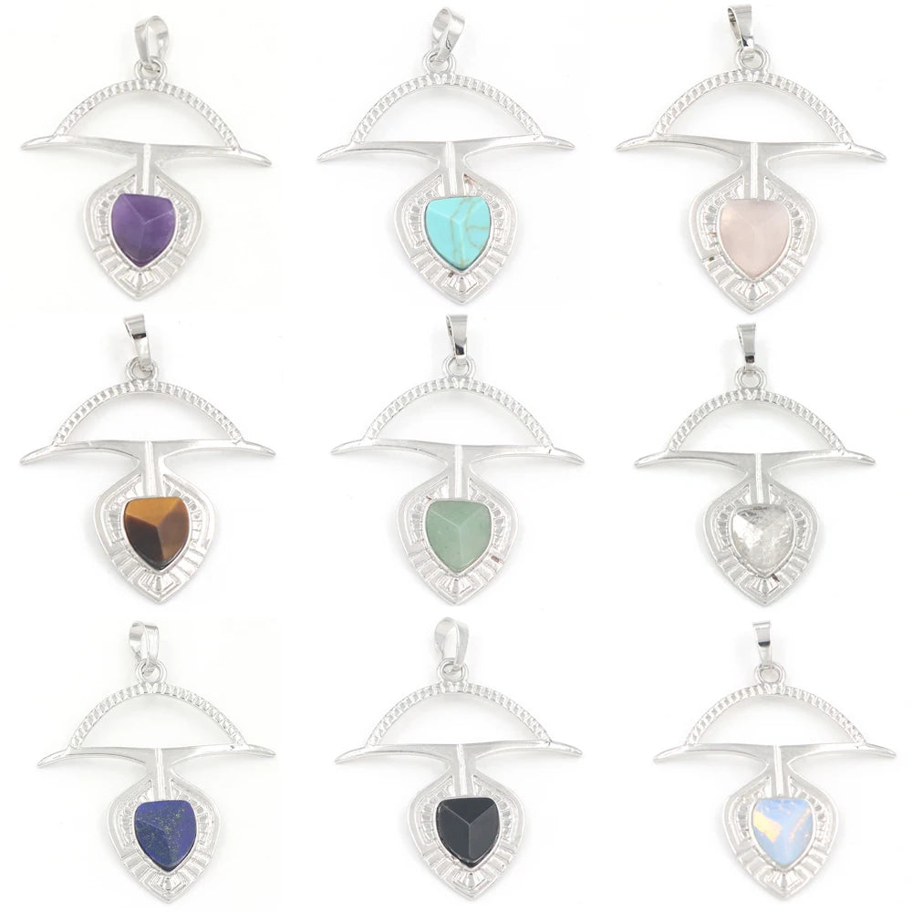 Archery Bow Arrow Natural Crystal Pendant 42×40mm, Silver Plated Alloy Frame Pyramid Gemstone Pendant, Reiki Chakra Healing Stone Charm Pendant for DIY Necklace Jewelry Making Spiritual Gift