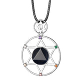 7 Chakra Hexagram Natural Crystal Pendant Necklace, Sacred Star of David Gemstone Black Wax Cord Necklace Reiki Energy Spiritual Boho Jewelry Gift for Men Women