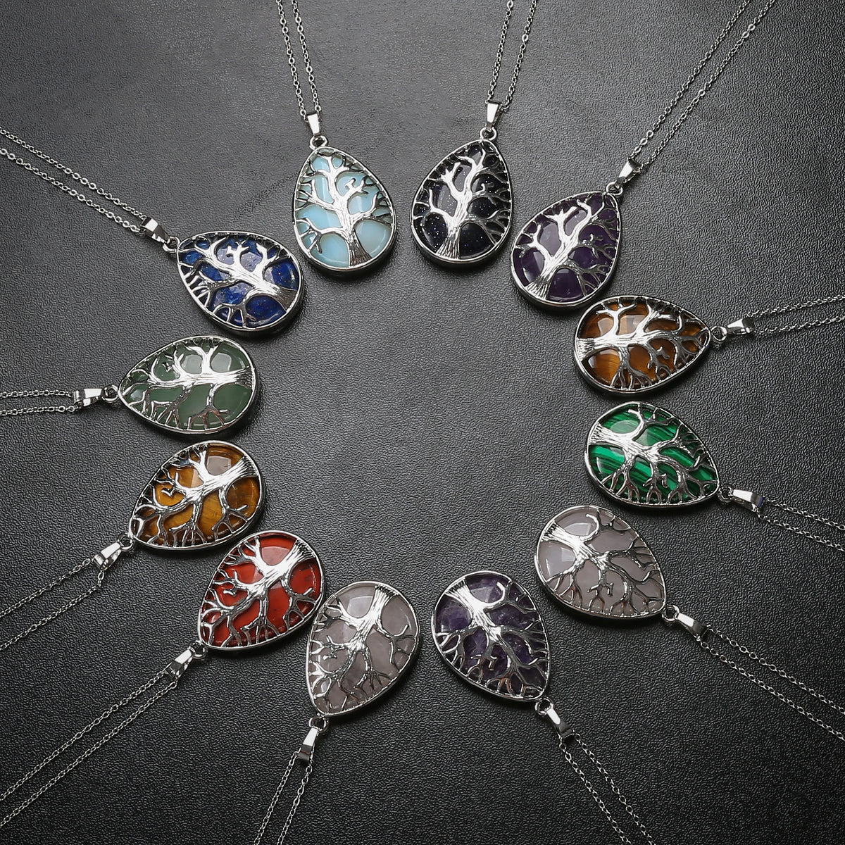 Teardrop Tree of Life Crystal Pendant Necklace Multi Color Natural Gemstone Silver Plated Healing Stone Charm Jewelry for Women Gift