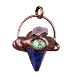 Gothic Mixed Stone Sacred Geometry Pendant - Antique Red Copper Wrapped Crystal Point and Abalone Shell Spiritual Necklace