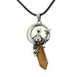 Gothic Star Moon Cat Crystal Necklace, Natural Gemstone Hexagonal Point Pendant, Vintage Silver Crescent Moon Choker with Black Cord for Women