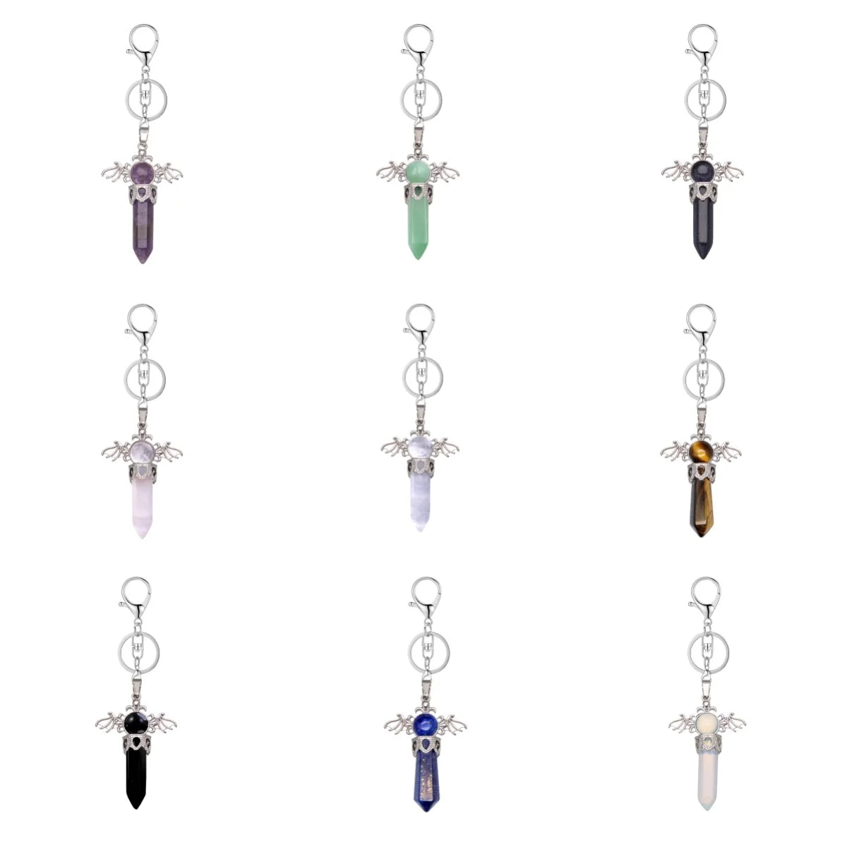Natural Crystal Angel Wings Keychain | 58×36mm Hexagonal Prism Pendant for Backpack & DIY Jewelry