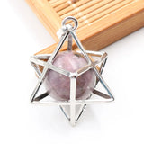 Merkaba Star Cage Natural Sphere Crystal Pendant Necklace, Silver‑Tone Metal Hollow Star Frame with Round Gemstone Bead Reiki Chakra Healing Necklace for Women