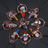 Vintage Copper Red Jasper Hexagon Pointer Necklace - Raw Amethyst & Abalone Shell Mixed Gemstone Wiccan Witchy Pendant