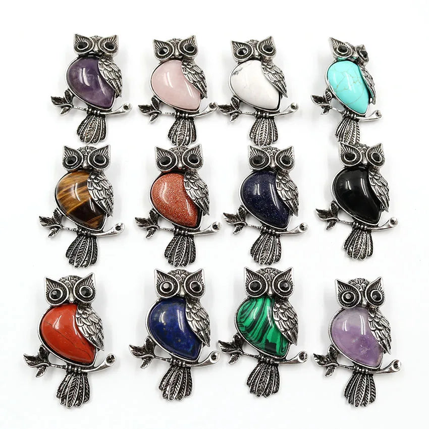 Vintage Antique Silver Owl Pendant, Natural Mixed Gemstone Owl on Branch Charm, Retro Metal Owl Inlaid Crystal Stone Pendant, Reiki Healing Animal Necklace Jewelry for Women