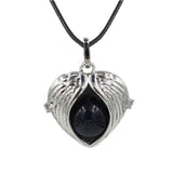 Angel Wing Heart Crystal Ball Pendant Necklace Silver Plated Natural Round Stone Chakra Healing Black Wax Cord Necklace for Women