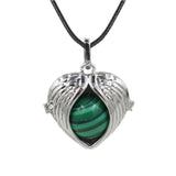 Angel Wing Heart Crystal Ball Pendant Necklace Silver Plated Natural Round Stone Chakra Healing Black Wax Cord Necklace for Women