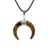 Natural Crystal Double Horn Crescent Moon Pendant, Wire Wrapped Cattle Horn Shape Stone Pendant 33x30mm, Healing Reiki Gemstone Necklace Pendant with Leather Cord for Jewelry Making Boho Gift