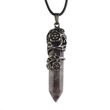 Antique Silver Flower Wire Wrapped Crystal Point Pendant, Natural Gemstone Double Terminated Point Pendant, Floral Metal Wrap Reiki Chakra Healing Pendulum Necklace Pendant for Women