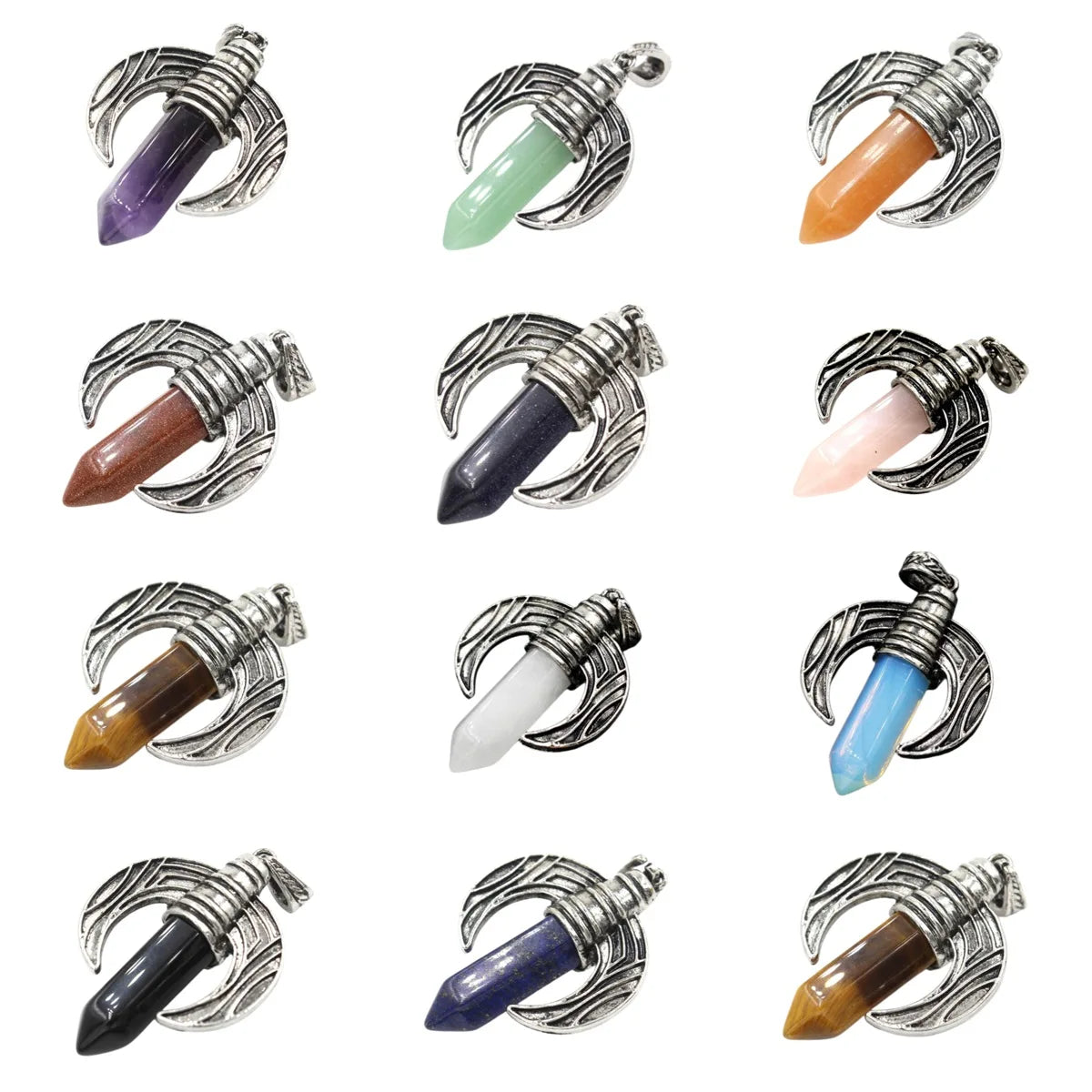 Vintage Ox Horn Crescent Moon Crystal Point Pendants for Jewelry Making - Antique Silver Inlaid Hexagonal Gemstone Bullet Charms, DIY Witchy Boho Necklace Accessories