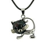 Natural Crystal Cat Pendant Necklace, Silver Alloy Frame Gemstone Charm, Healing Jewelry for Cat Lovers