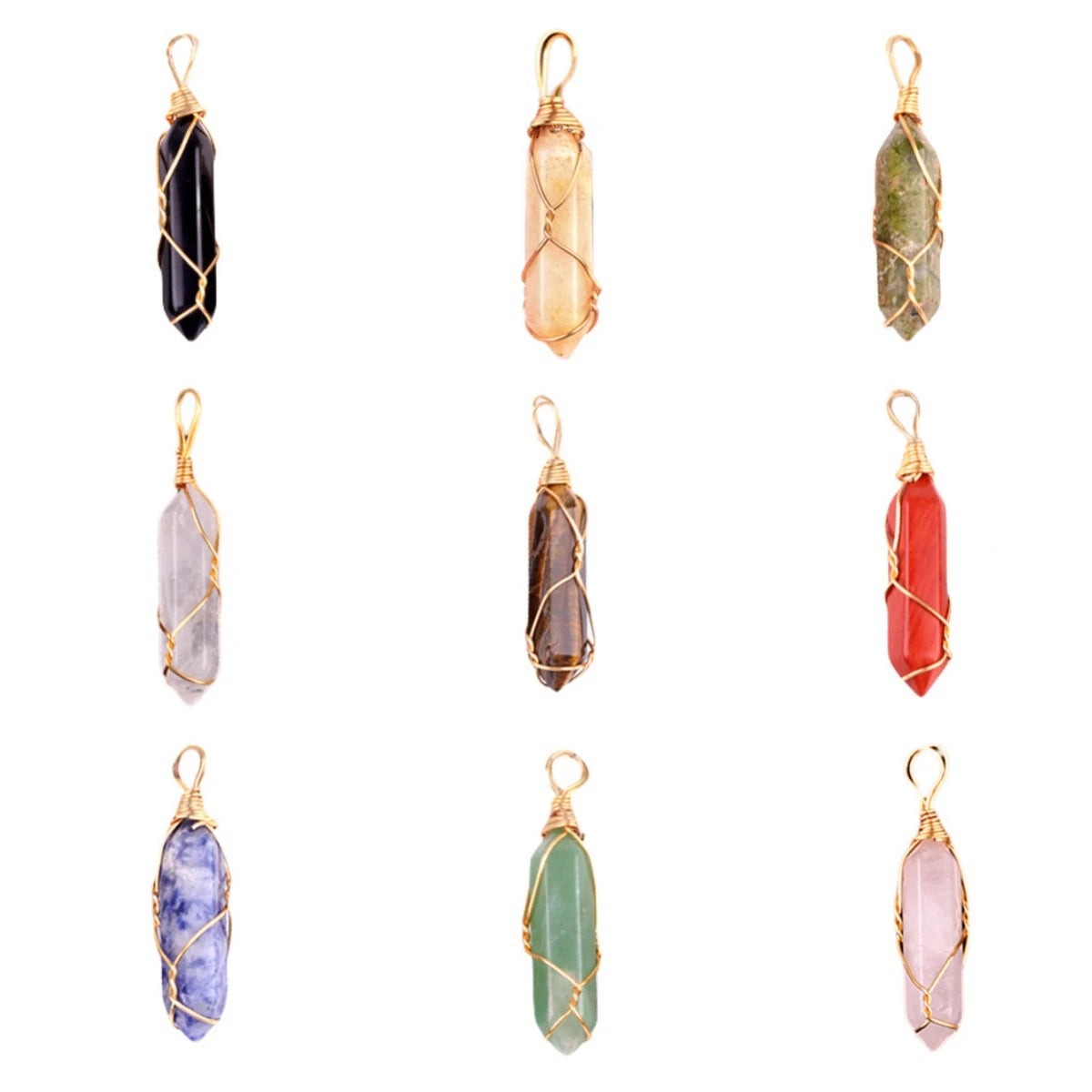 Gold Wire-Wrapped Crystal Pendant | 32×8mm Natural Healing Stone Hexagonal Pillar Charm for Jewelry Making