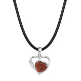 Natural Crystal Hollow Heart Pendant Necklace, Gemstone Charm with Black Rope for Women