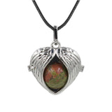 Angel Wing Heart Crystal Ball Pendant Necklace Silver Plated Natural Round Stone Chakra Healing Black Wax Cord Necklace for Women